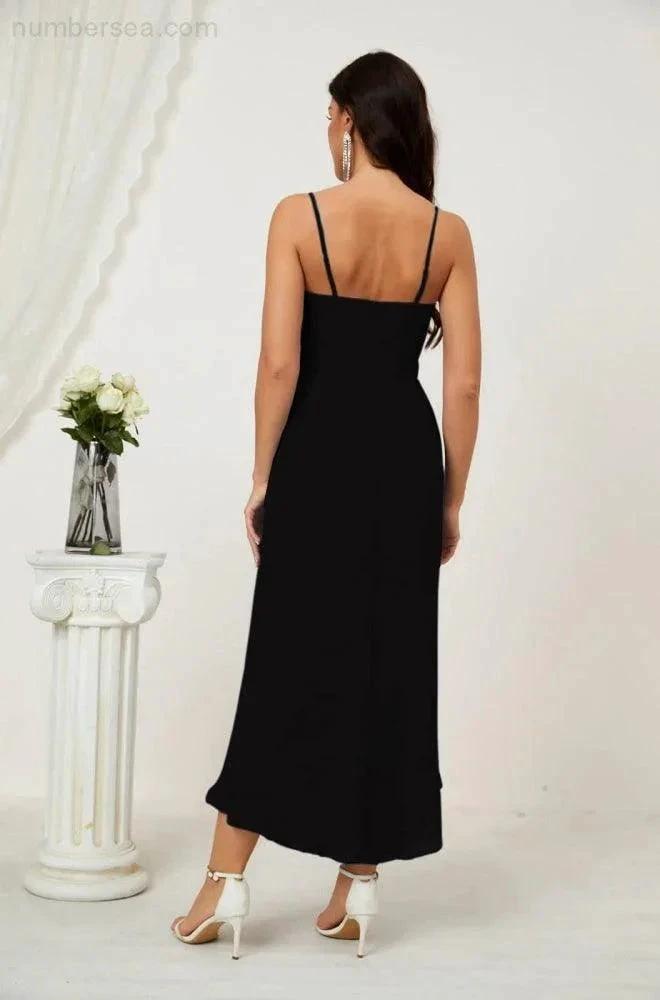 Numbersea Spaghetti Chiffon V Neck Bridesmaid Dress Mid-Length Slit Formal Prom Dress Homecoming Dress 2803 by numbersea