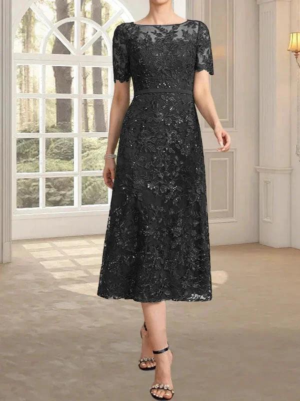 A-line Scoop Illusion Tea-Length Lace Mother of the Bride Dress With Sequins by Dreamylily