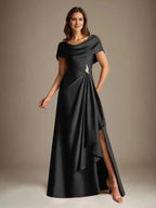 A-Line Scoop Floor-Length Stretch Satin Mother of the Bride Dress With Cascading Ruffles by Dreamylily