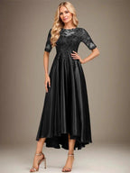 A-line Scoop Illusion Asymmetrical Stretch Satin Lace Mother of the Bride Dress With Sequins by Dreamylily
