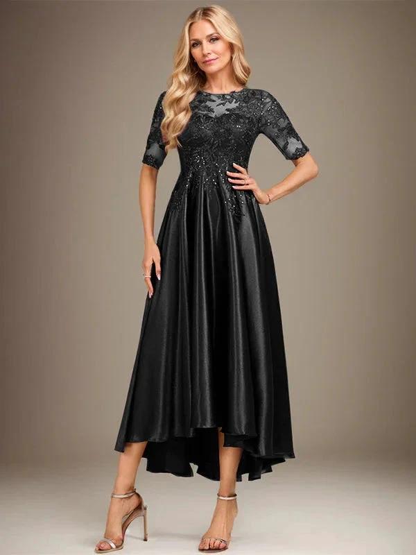 A-line Scoop Illusion Asymmetrical Stretch Satin Lace Mother of the Bride Dress With Sequins by Dreamylily