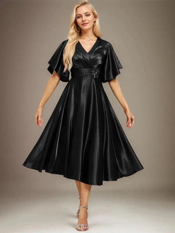 A-line V-Neck Tea-Length Stretch Satin Mother of the Bride Dress With Beading Pleated by Dreamylily