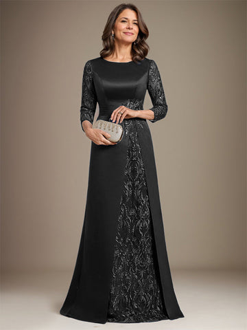 A-Linie U-Ausschnitt Bodenlang Spitze Satin Kleid für die Brautmutter mit Applikation 