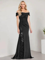 A-Line Off the Shoulder Floor-Length Mother of the Bride Dress Applique Beadings Mermaid Dress With High Split by Dreamylily