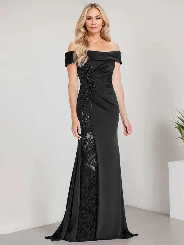 A-Line Off the Shoulder Floor-Length Mother of the Bride Dress Applique Beadings Mermaid Dress With High Split by Dreamylily