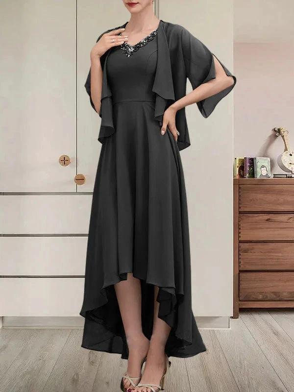 A-line V-Neck Asymmetrical Chiffon Mother of the Bride Dress With Beading Sequins by Dreamylily