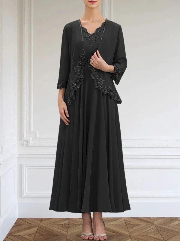 A-line V-Neck Ankle-Length Chiffon Mother of the Bride Dress With Sequins Appliques Lace Beading by Dreamylily