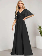 A-line V-Neck Floor-Length Lace Chiffon Mother of the Bride Dress With Sequins by Dreamylily