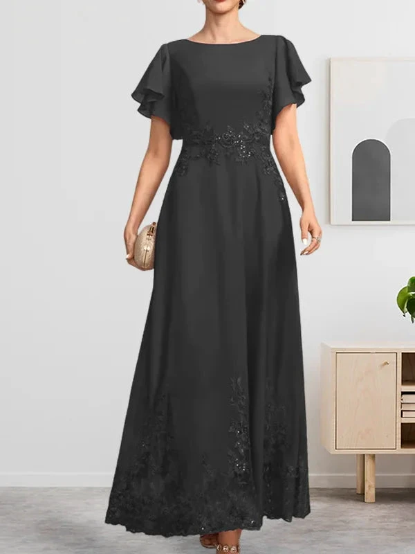 A-line Scoop Ankle-Length Lace Chiffon Mother of the Bride Dress With Sequins by Dreamylily
