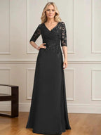 A-line V-Neck Floor-Length Lace Chiffon Mother of the Bride Dress With Pleated Sequins by Dreamylily