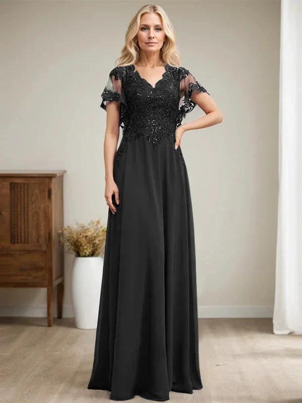 A-line V-Neck Floor-Length Lace Chiffon Mother of the Bride Dress With Sequins by Dreamylily
