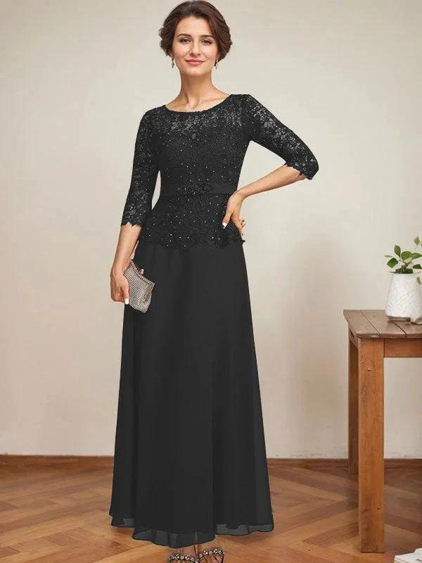 A-line Scoop Illusion Ankle-Length Chiffon Lace Mother of the Bride Dress With Rhinestone Beading by Dreamylily