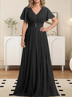 A-line V-Neck Floor-Length Chiffon Mother of the Bride Dress With Crystal Brooch Pleated by Dreamylily