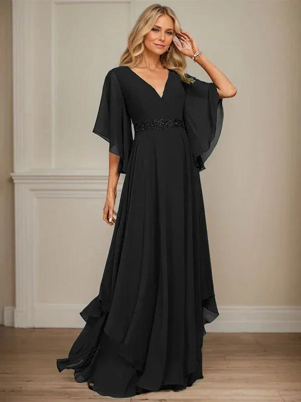 A-line V-Neck Floor-Length Chiffon Mother of the Bride Dress With Sequins Appliques Lace Beading by Dreamylily