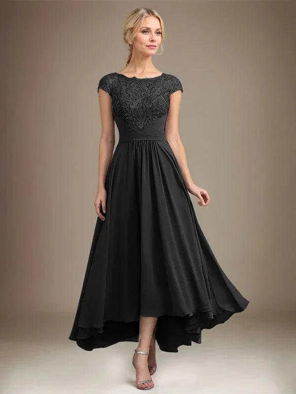 A-line Scoop Illusion Asymmetrical Lace Chiffon Mother of the Bride Dress With Pleated by Dreamylily