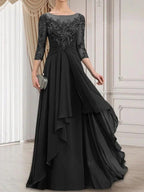 A-line Scoop Illusion Floor-Length Lace Chiffon Mother of the Bride Dress With Cascading Ruffles by Dreamylily