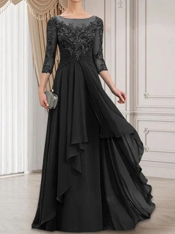 A-line Scoop Illusion Floor-Length Lace Chiffon Mother of the Bride Dress With Cascading Ruffles by Dreamylily
