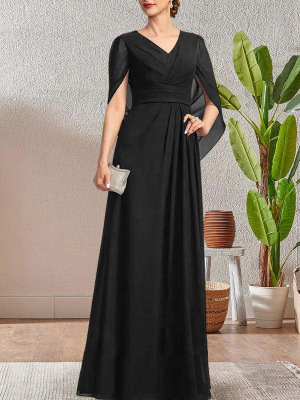 Dark Navy A-Line V-Neck Long Mother of Bride Dress by Dreamylily
