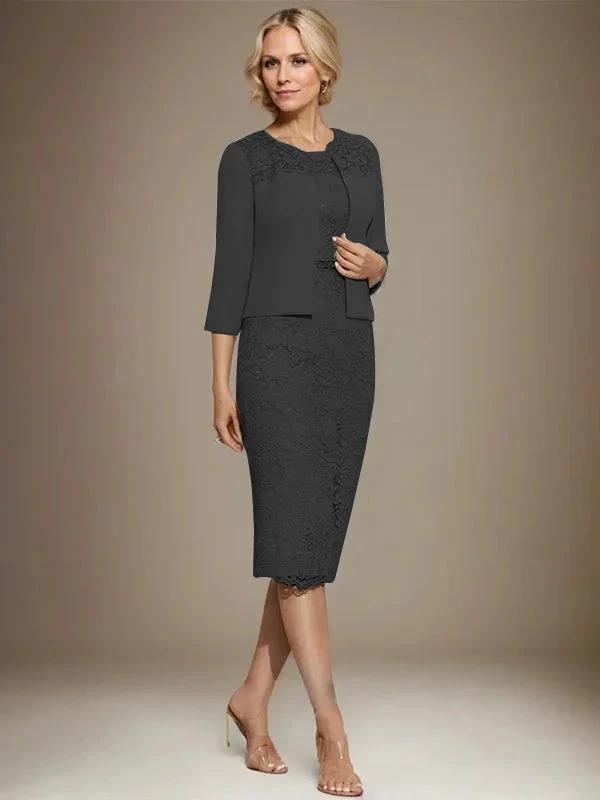 Sheath/Column Scoop Knee-Length Chiffon Lace Mother of the Bride Dress With Beading by Dreamylily