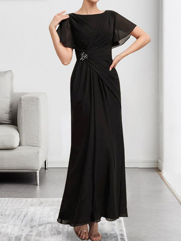 A-line Scoop Ankle-Length Chiffon Mother of the Bride Dress With Beading Pleated