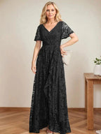 A-Line V-Neck Asymmetrical Lace Mother of the Bride Dress With Cascading Ruffles by Dreamylily