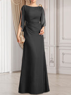 Etui-Linie/Säule U-Ausschnitt Bodenlang Chiffon Kleid für die Brautmutter mit Plissee Perlenbesatz