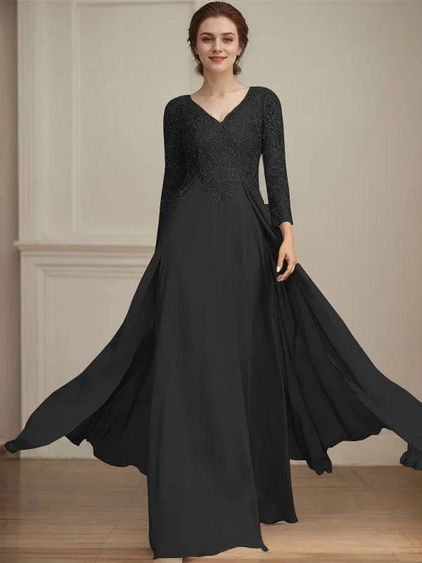 A-line V-Neck Floor-Length Lace Chiffon Mother of the Bride Dress With Sequins by Dreamylily