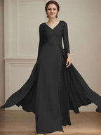 A-line V-Neck Floor-Length Lace Chiffon Mother of the Bride Dress With Sequins by Dreamylily
