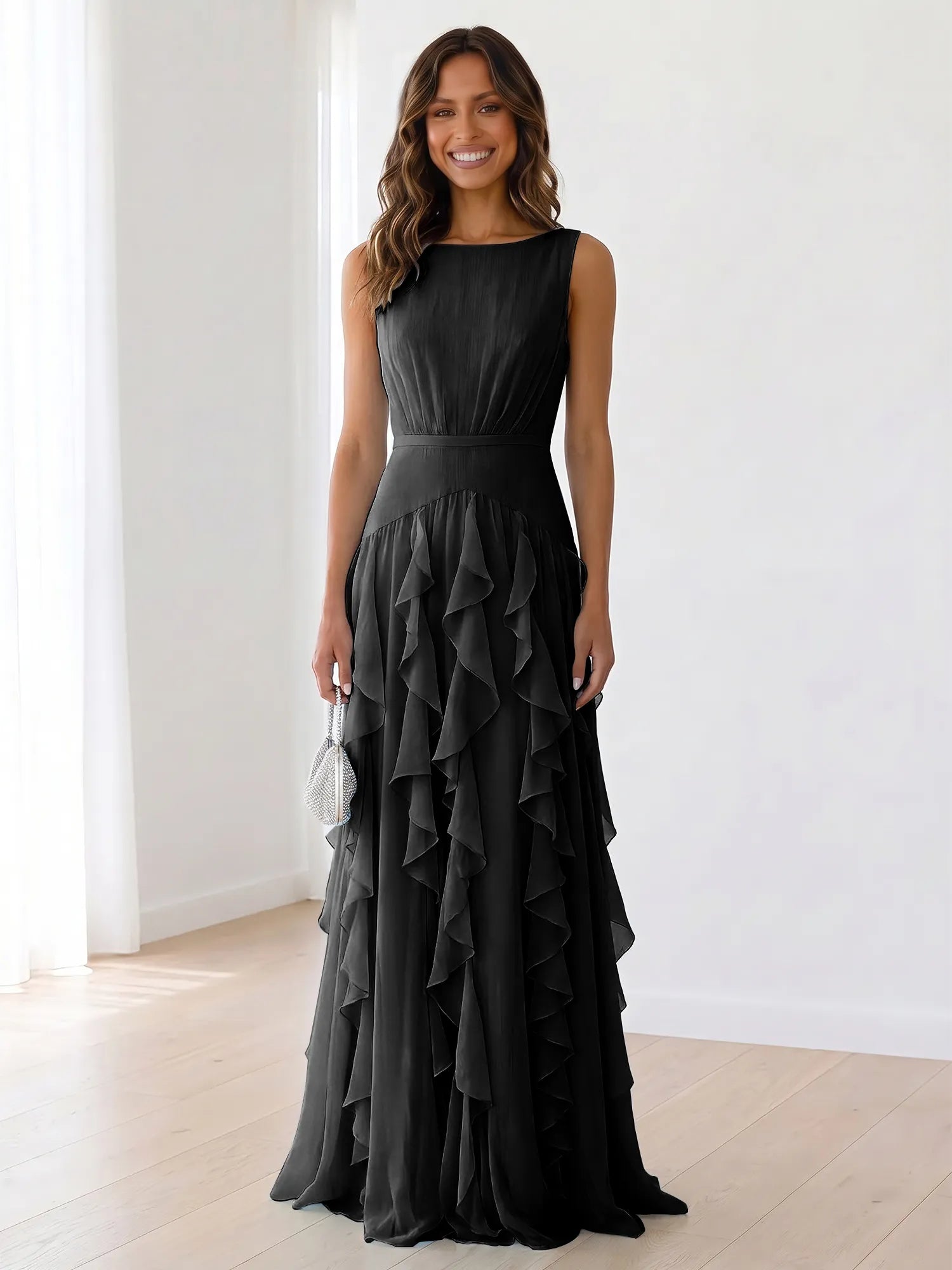 Sleeveless Tiered Chiffon Maxi Evening Gown with Ruched Bodice