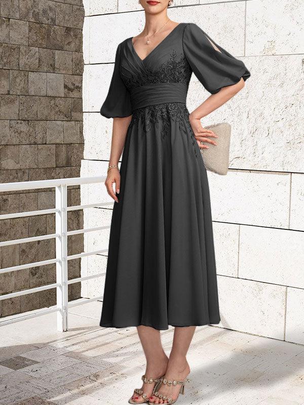 A-line V-Neck Tea-Length Lace Chiffon Mother of the Bride Dress With Pleated by Dreamylily