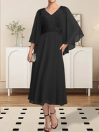 A-line V-Neck Tea-Length Chiffon Lace Mother of the Bride Dress With Beading Sequins by Dreamylily