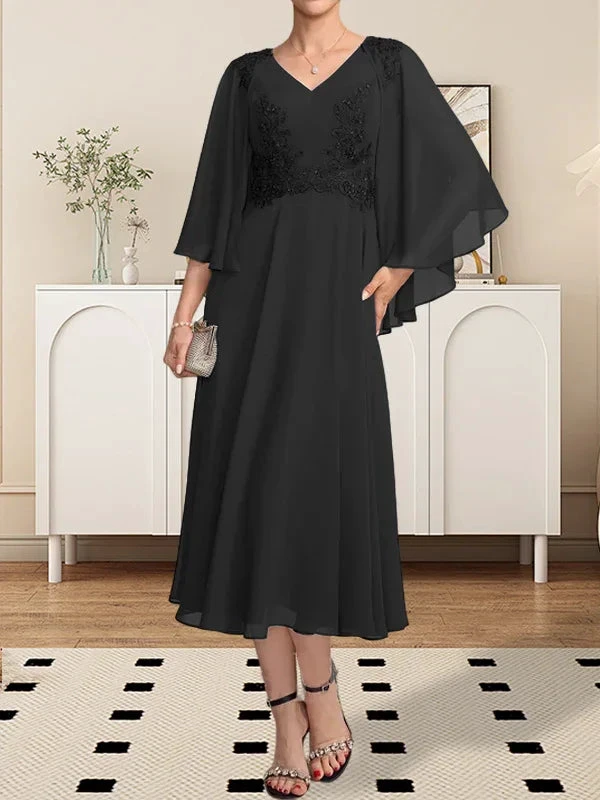 A-line V-Neck Tea-Length Chiffon Lace Mother of the Bride Dress With Beading Sequins by Dreamylily