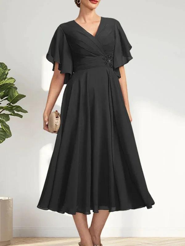 A-line V-Neck Tea-Length Chiffon Mother of the Bride Dress With Pleated Beading by Dreamylily