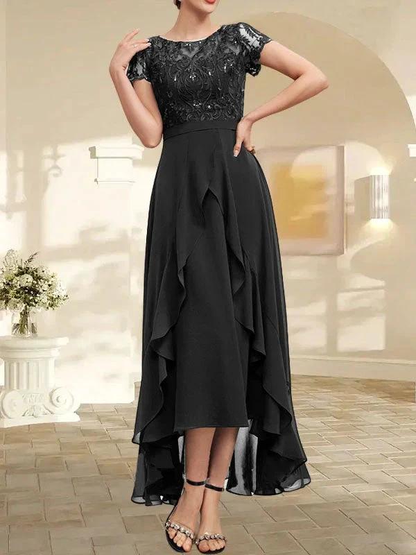 A-line Scoop Illusion Asymmetrical Chiffon Lace Mother of the Bride Dress With Bow Ruffle Sequins by Dreamylily
