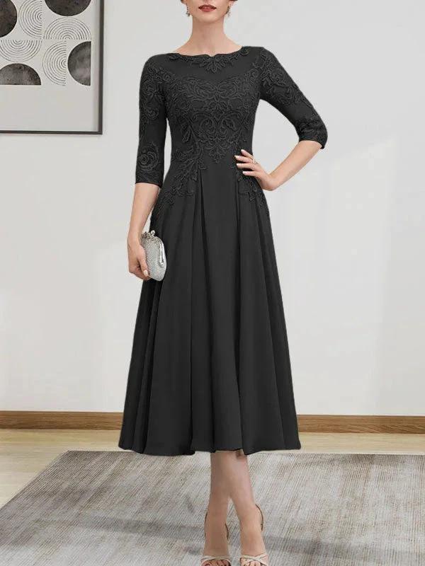 A-line Scoop Illusion Tea-Length Chiffon Lace Mother of the Bride Dress With Beading Sequins by Dreamylily