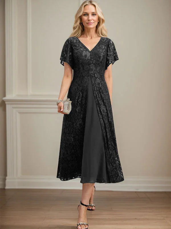 Vestido de gasa con encaje y escote en V para madre de la novia, largo hasta la rodilla 