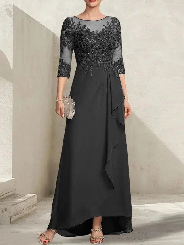 A-line Scoop Illusion Asymmetrical Lace Chiffon Mother of the Bride Dress With Sequins Cascading Ruffles by Dreamylily