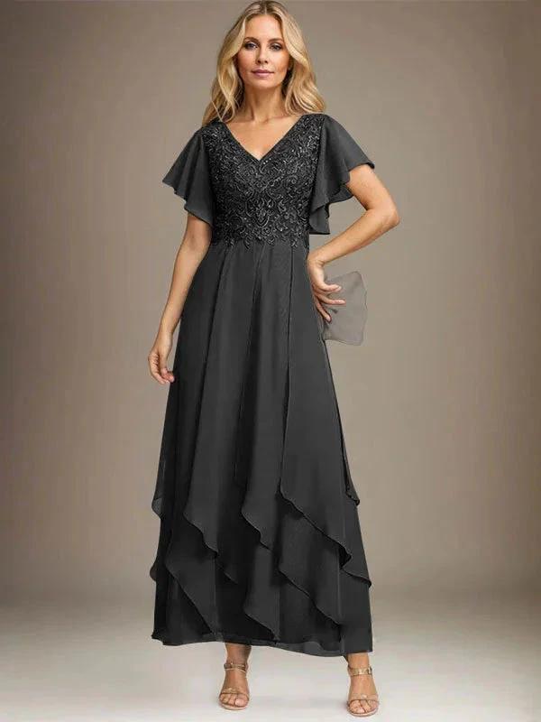 A-line V-Neck Ankle-Length Lace Chiffon Mother of the Bride Dress With Cascading Ruffles by Dreamylily