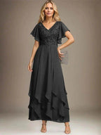 A-line V-Neck Ankle-Length Lace Chiffon Mother of the Bride Dress With Cascading Ruffles by Dreamylily