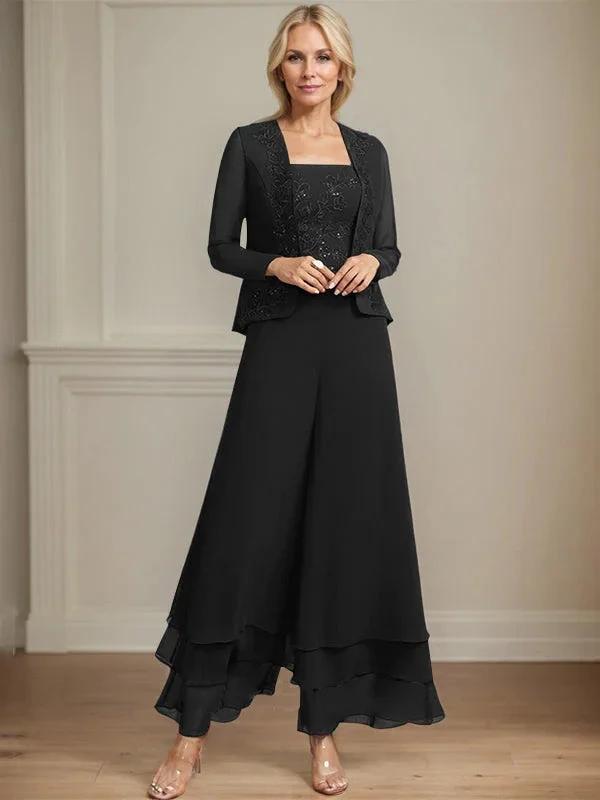 Separates Jumpsuit/Pantsuit Square Ankle-Length Lace Chiffon Mother of the Bride Dress With Sequins by Dreamylily