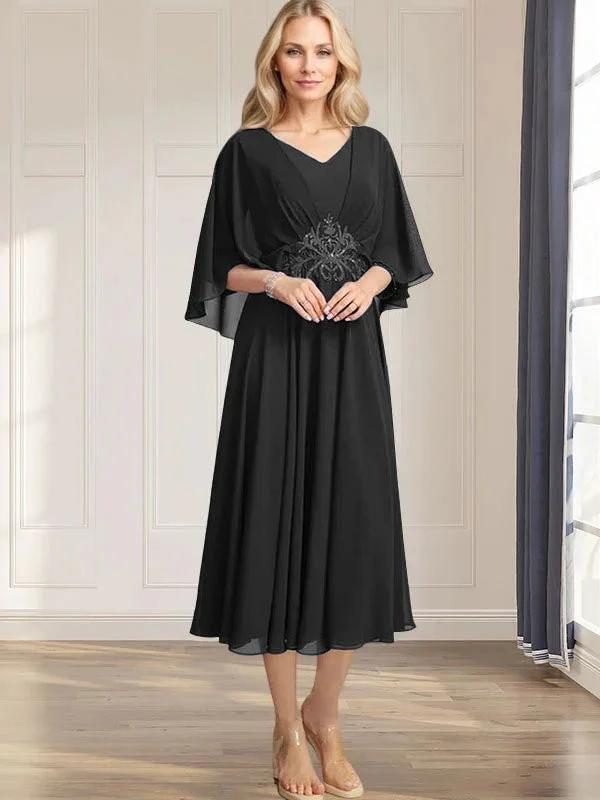 A-line V-Neck Tea-Length Chiffon Mother of the Bride Dress With Pleated Sequins Appliques Lace Beadind by Dreamylily