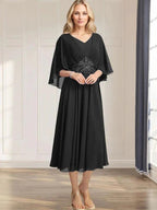 A-line V-Neck Tea-Length Chiffon Mother of the Bride Dress With Pleated Sequins Appliques Lace Beadind by Dreamylily