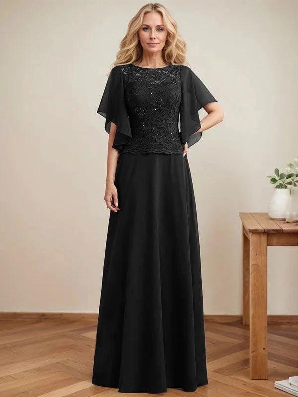 A-line Scoop Illusion Floor-Length Lace Chiffon Mother of the Bride Dress With Sequins by Dreamylily