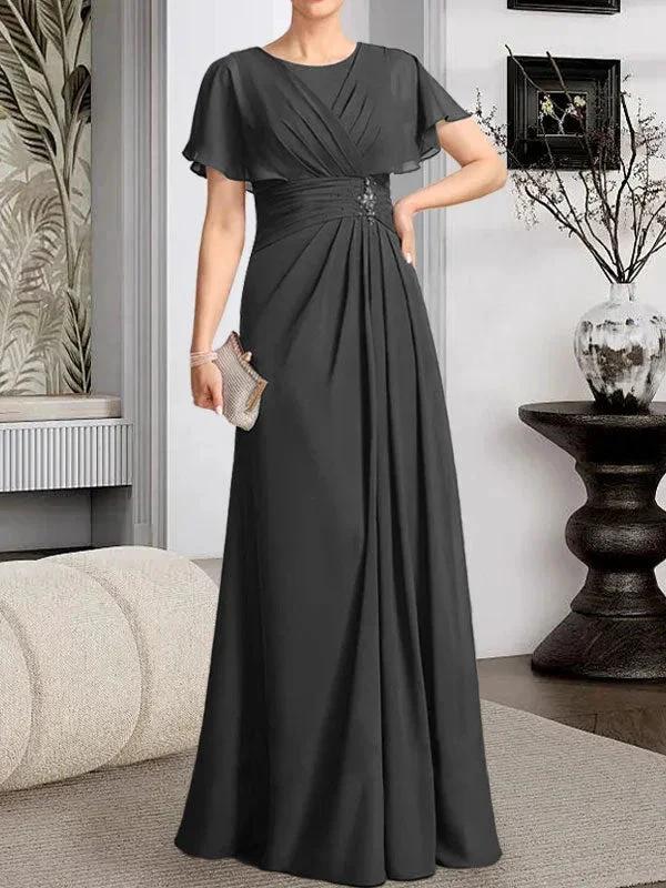 A-line Scoop Floor-Length Chiffon Mother of the Bride Dress With Pleated Beading by Dreamylily