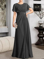 A-line Scoop Floor-Length Chiffon Mother of the Bride Dress With Pleated Beading by Dreamylily