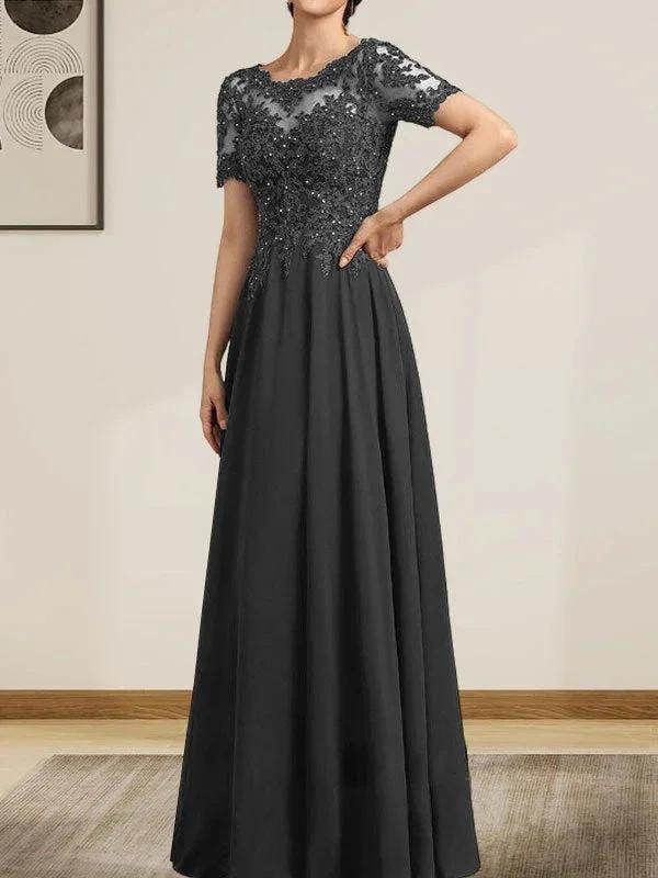 A-line Scoop Illusion Floor-Length Chiffon Lace Mother of the Bride Dress With Sequins Beading by Dreamylily
