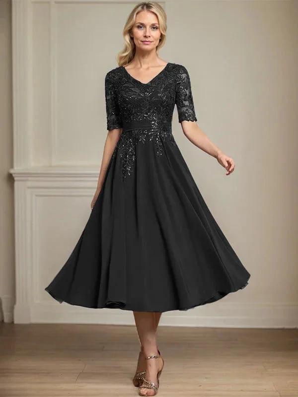 A-line V-Neck Tea-Length Lace Chiffon Mother of the Bride Dress With Sequins by Dreamylily