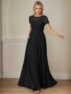 Dark Navy A-Line Boatneck Sequins Chiffon Dress by Dreamylily