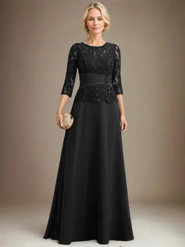 A-line Scoop Illusion Floor-Length Chiffon Lace Mother of the Bride Dress With Pleated Sequins Beading by Dreamylily