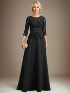 A-line Scoop Illusion Floor-Length Chiffon Lace Mother of the Bride Dress With Pleated Sequins Beading by Dreamylily